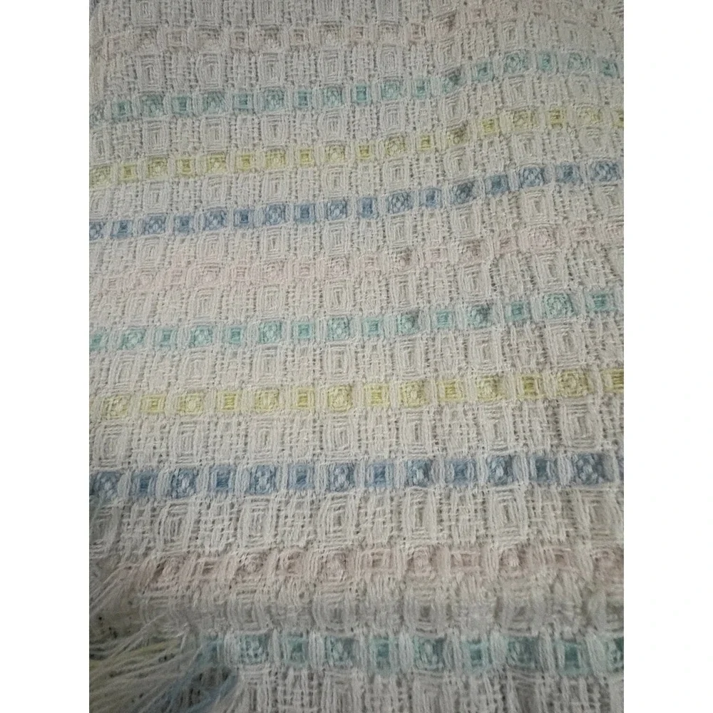 Vintage Woven Baby Blanket Pastel Stripes White Fringe Acrylic Made in Japan
